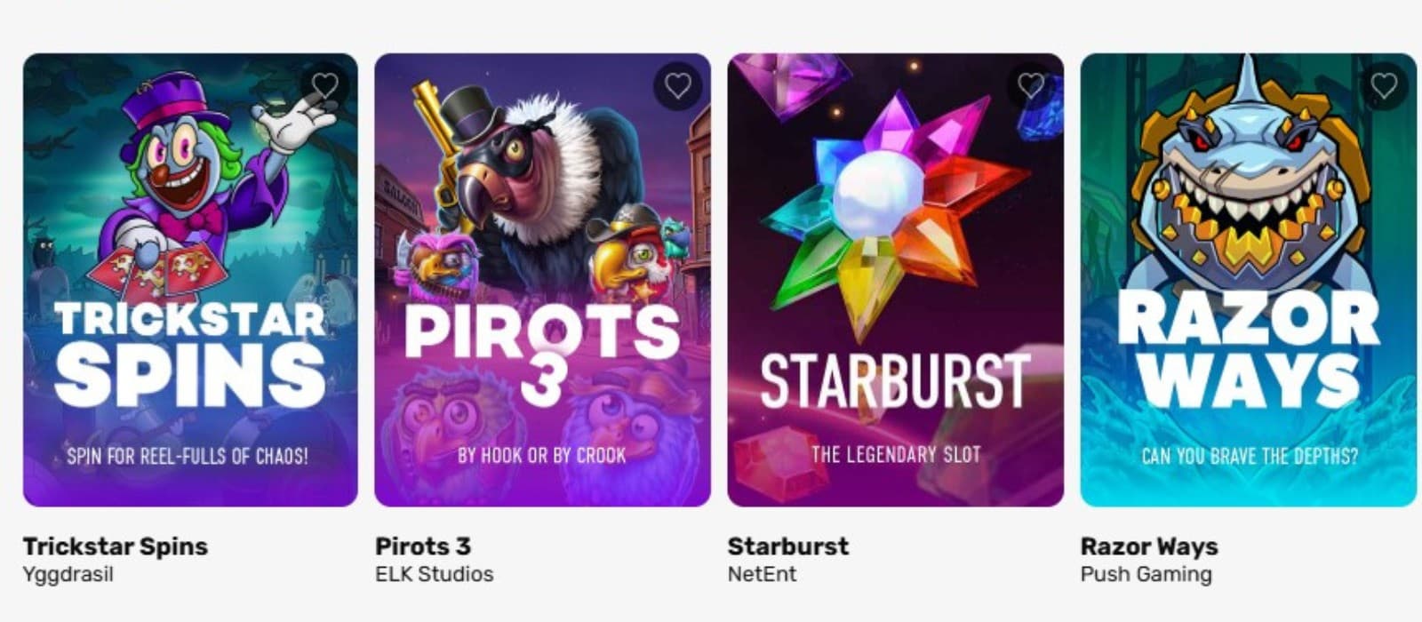 The games section of Just Spin Casino displays the most popular slot games, such as Trickstar Spins, Pirots 3, and Starburst.