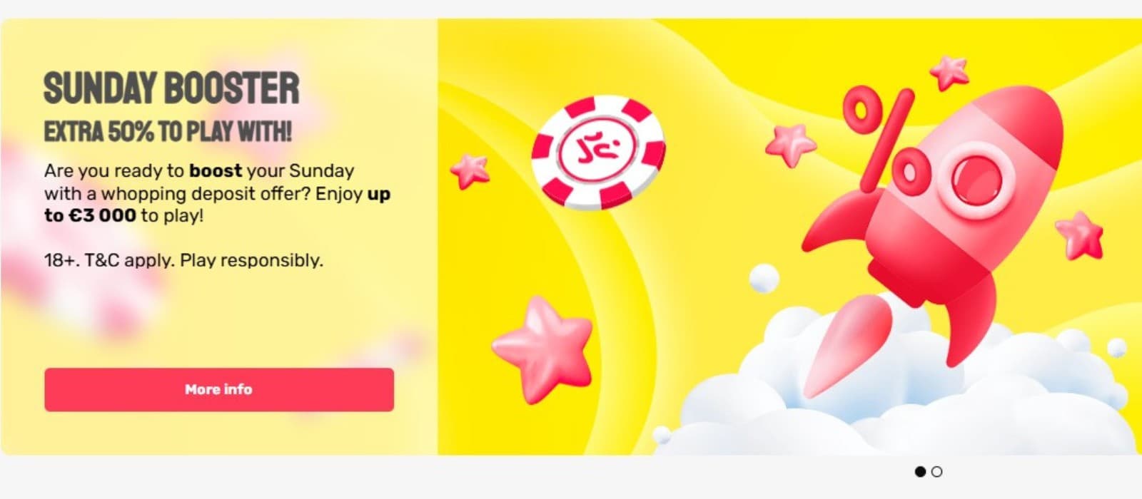 The landing page of Just Spin Casino presents the Sunday Booster bonus.