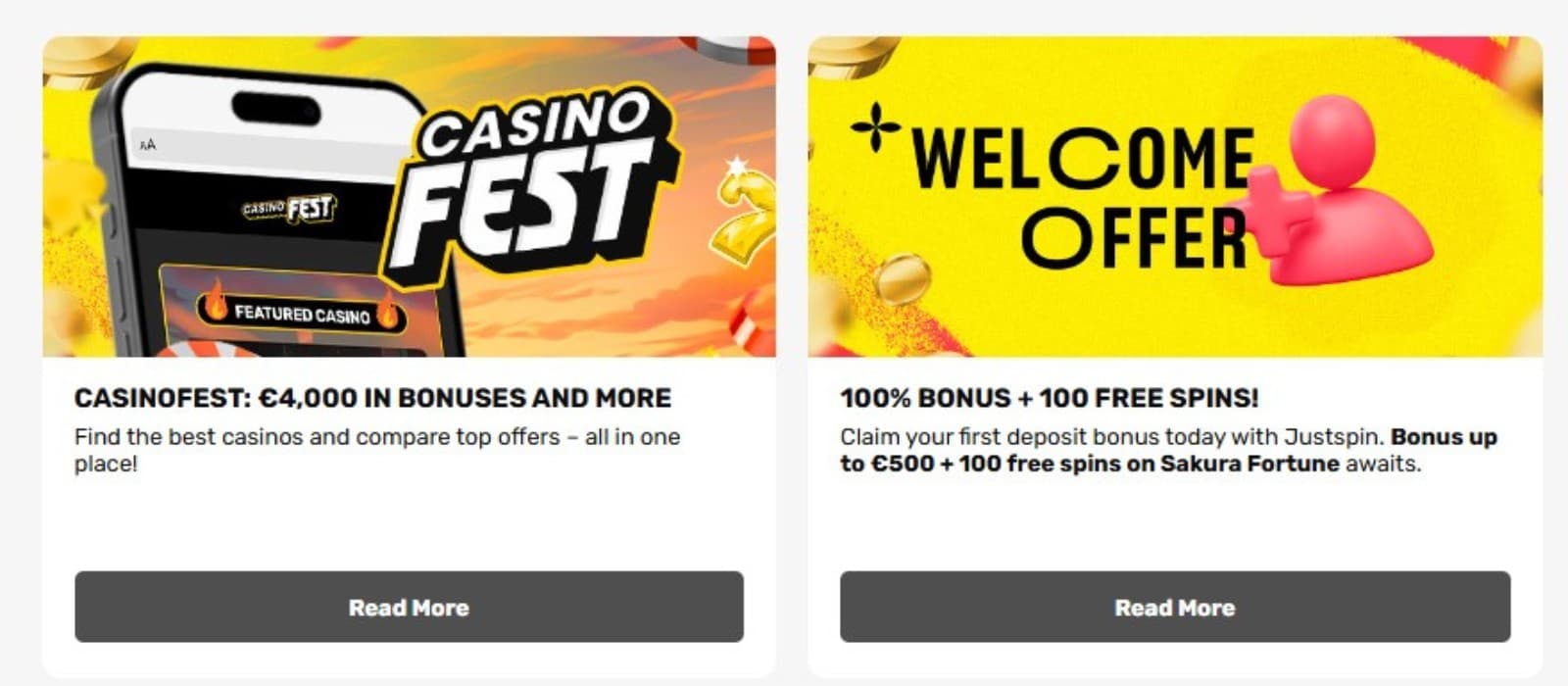 The promotions section of Just Spin Casino showcases the welcome offer and the Casinofest offer.