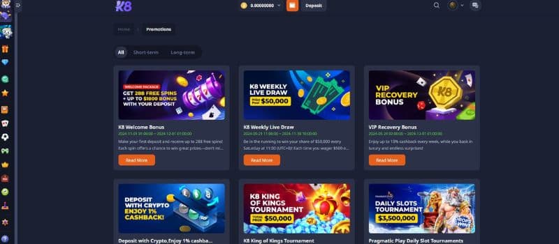 The K8.io casino bonuses page features a range of enticing promotions, including welcome bonuses, free spins, and more.