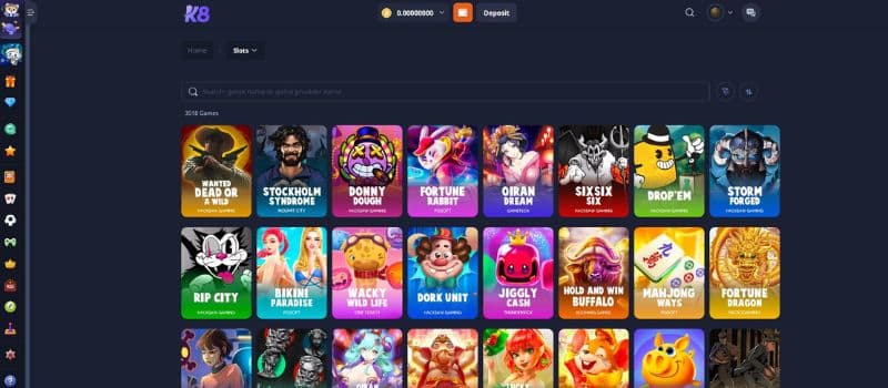 K8.io-Casino-Games.jpgK8.io Casino games lobby, where you can browse and choose from a vast selection of casino games, including slots, mini-games, live dealer games, and more.