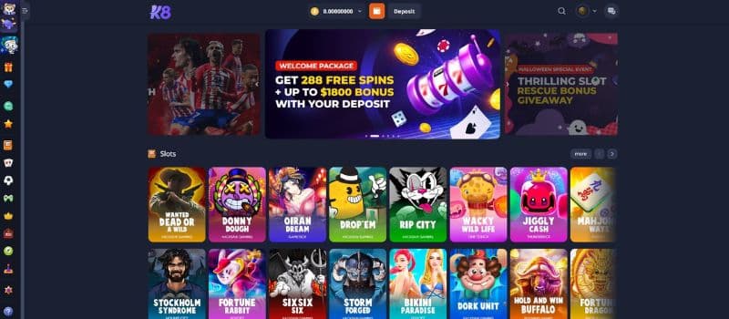 K8.io Casino homepage displays the welcome bonus offer featuring 288 free spins and up to €1800 in bonus funds.