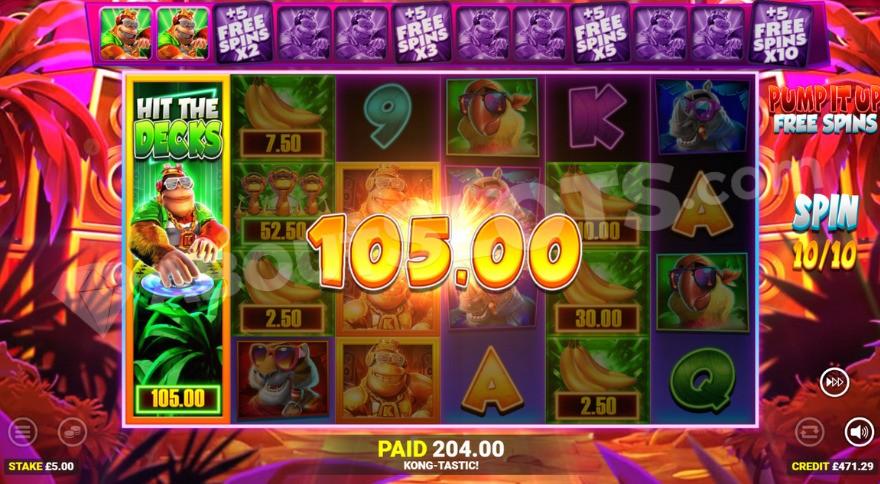 Pump it up free spins feature being active with two collected Kong symbols.