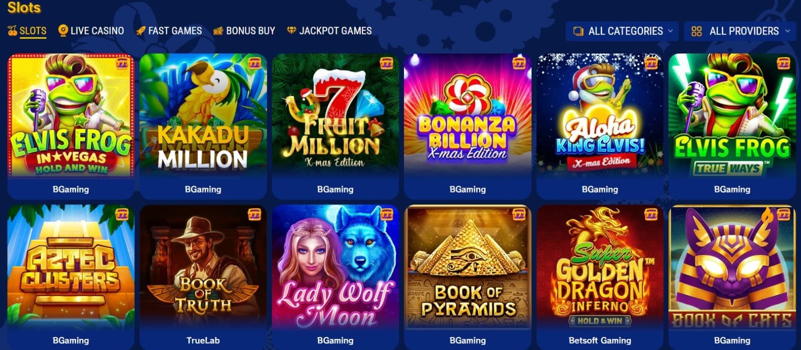 The games page of Kakadu Casino presents a variety of slot games, such as Elvis Frog, Kakadu Million, and more.