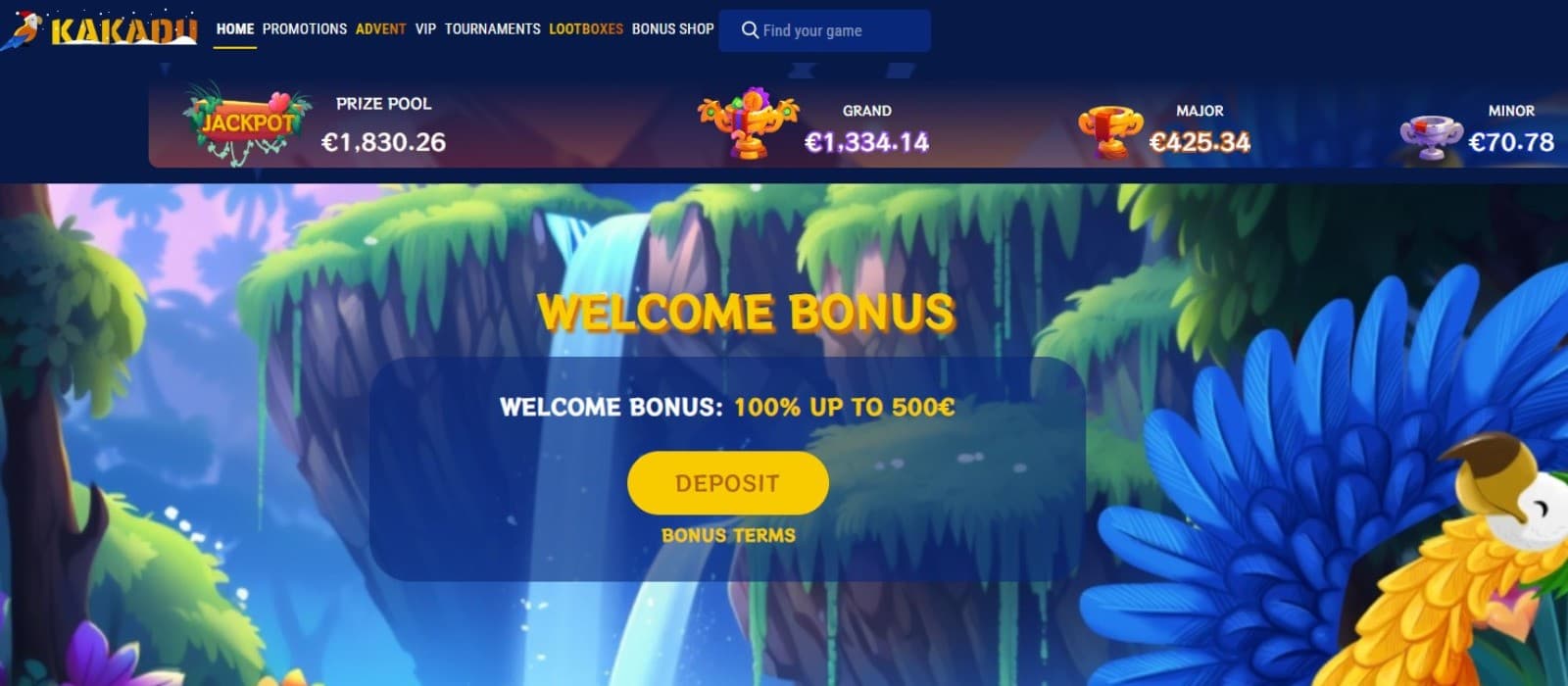 The landing page of Kakadu Casino shows the welcome bonus that is worth up to 500 euros.