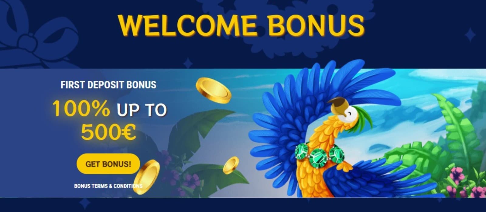 The promotions page of Kakadu Casino displays the welcome bonus of 100% up to 500 euros.