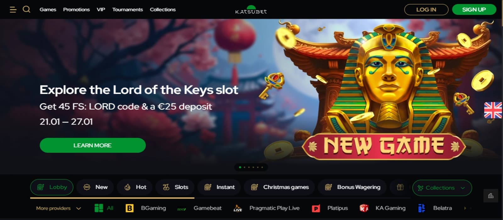 Katsubet Casino landing page with the colourful Lord of the Keys slot banner, top navigational menus, sing up button, and other game menus 