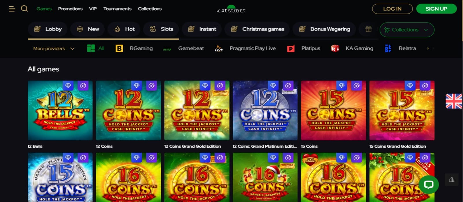 Katsubet Casino games page with the colourful icons of various slot games and other top navigational menus