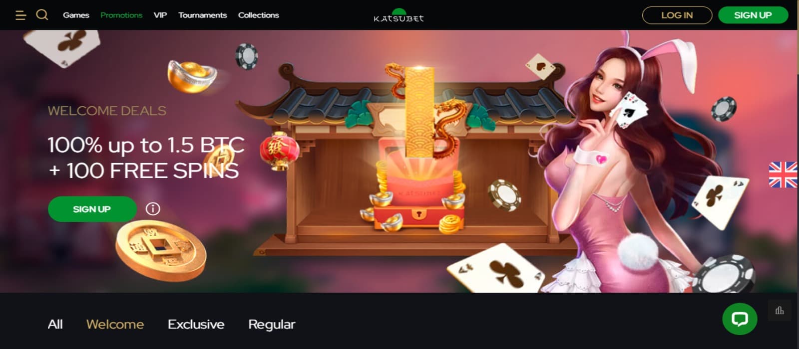 Katsubet Casino promotions page with the colourful welcome bonus offer banner with animated image of a woman and other bonus menus