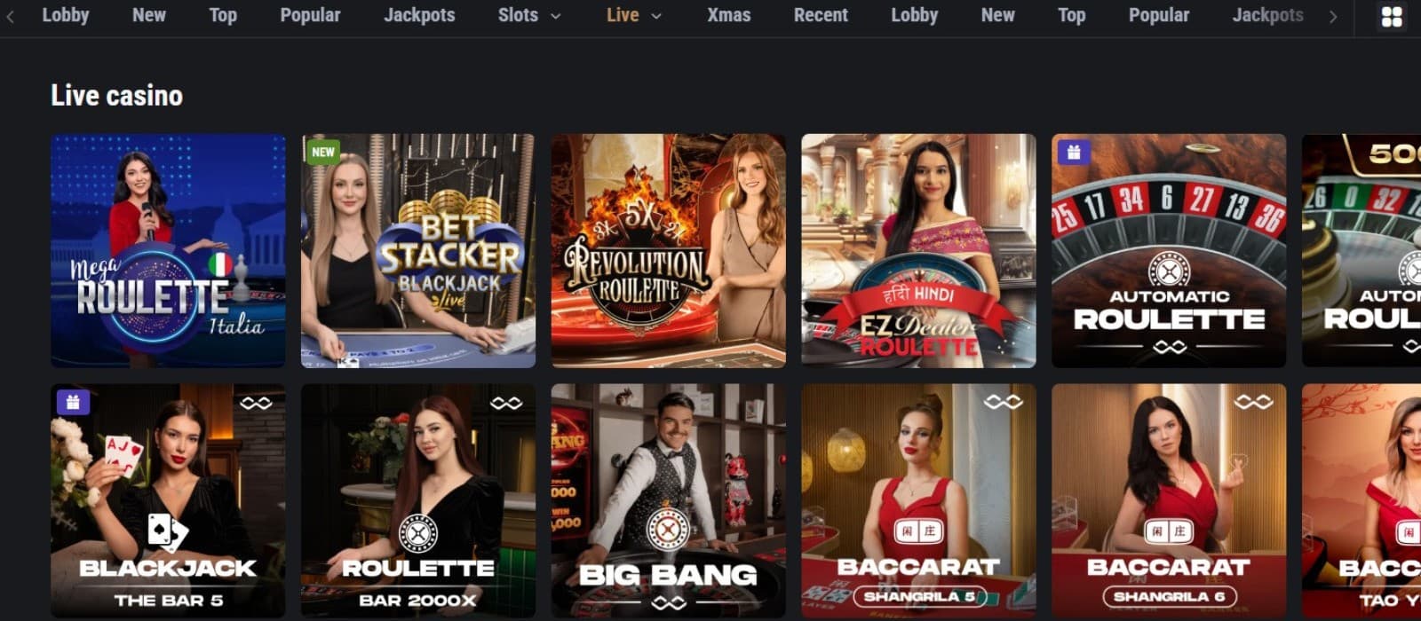 King Billy Casino's live casino section, showing variations of baccarat, roulette, and blackjack.