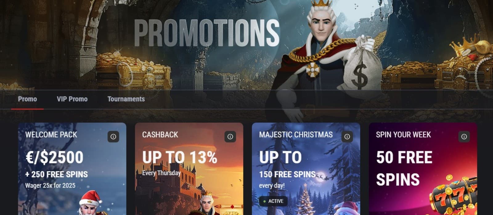 King Billy Casino's promotions page, showing the welcome pack , cashback, and other bonuses.