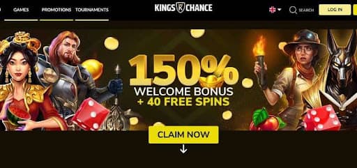 Kings chance casino promotions showing the 150% bonus banner with animated images of a king, queen and an explorer.