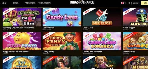 Kings Chance Casino Games category page showing thumbnails of different slot titles like Candyland Bonanza.