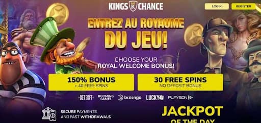 Kings chance casino welcome page showing the 150% bonus plus free spins and the no deposit 30 free spins royal welcome package.