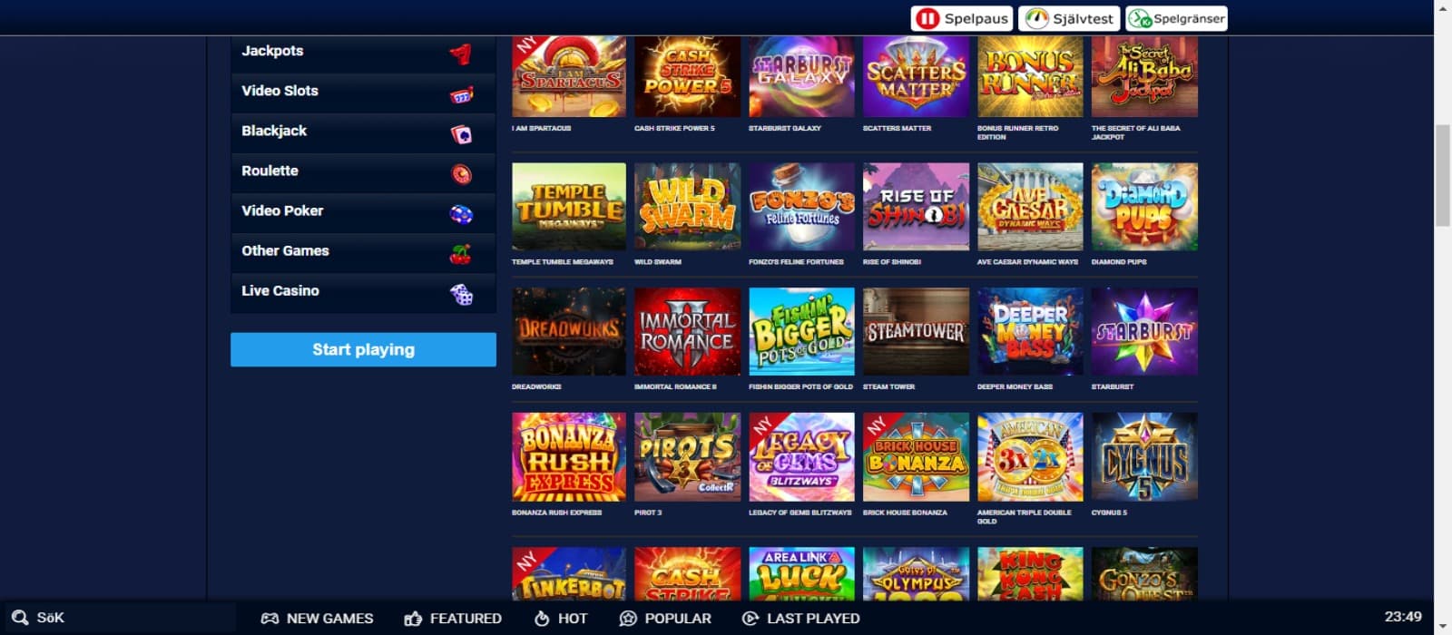 Kungaslottet casino games page with the colorful slot game icons and left hand side game navigational categories