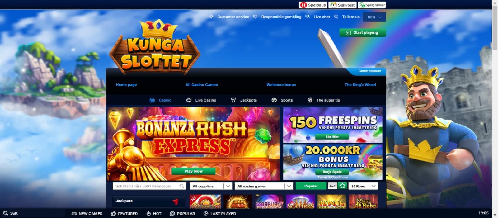 Kungaslottet casino landing page with the welcome bonus offer banner and slot game banner. A blue background with the animated image of a king and his palace is seen