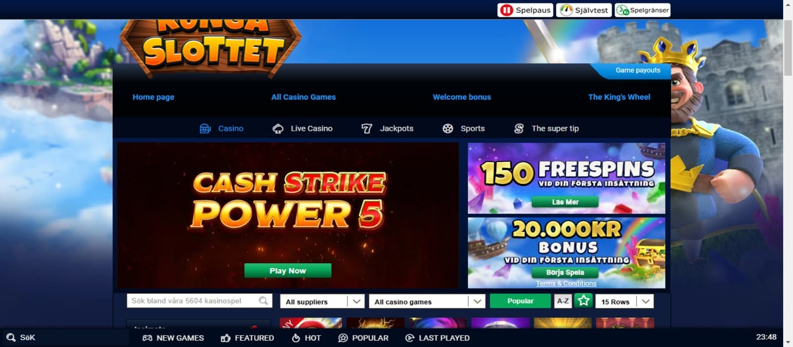 Kungaslottet casino promotions page with the Cash Strike Power 5 slot game banner and welcome offer banner with animated royal palace background