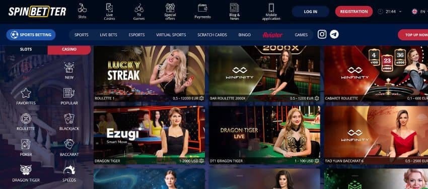 Spinbetter live dealer game page with thumbnails of some titles and a sidebar showing the names of different categories.