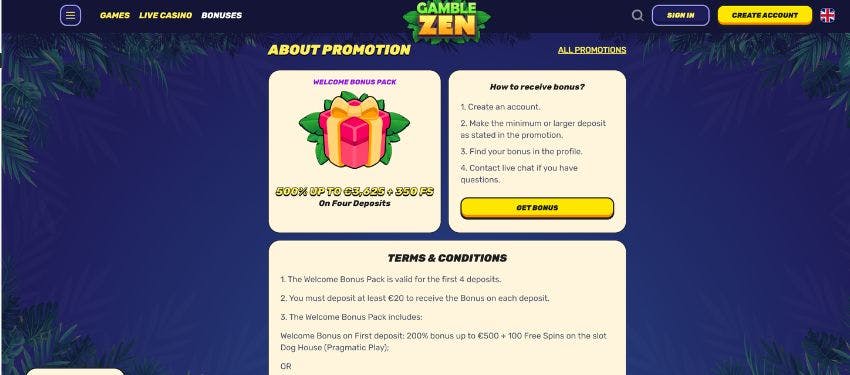 Gamblezen casino welcome bonus page showing an illustration of a red gift box and instructions on how to get the deposit offer.