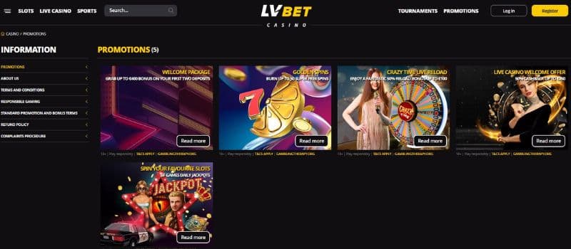 The promotions section of the LVBet Casino displays a selection of bonuses,  such as the welcome bonus and Golden Spins.