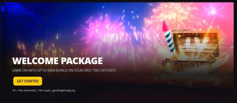 A banner describes the welcome package offered at the LVBet Casino on a background with fireworks coming out of a box.