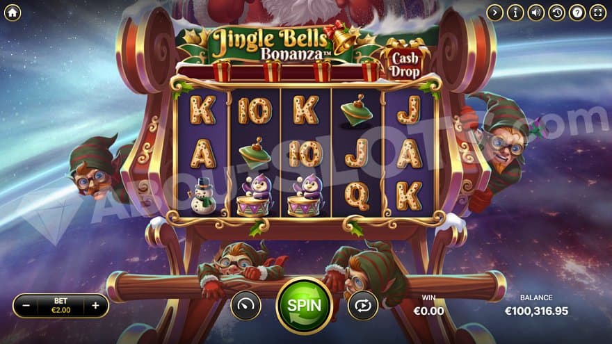 A casino slot with five reels on Santa's sleigh.