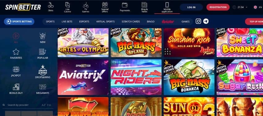 Spinbetter slot games page showing thumbnails of slots and a sidebar with different categories.