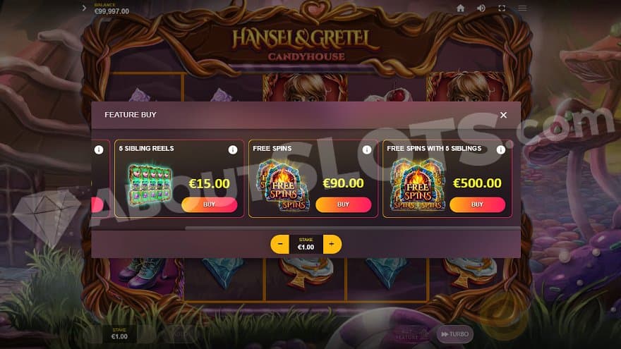 A menu offering 5 Sibbling Reels for 15X the bet, the Free Spins for 90X the bet, and the Free Spins with guaranteed 5 Sibling Reels for 500X the bet.