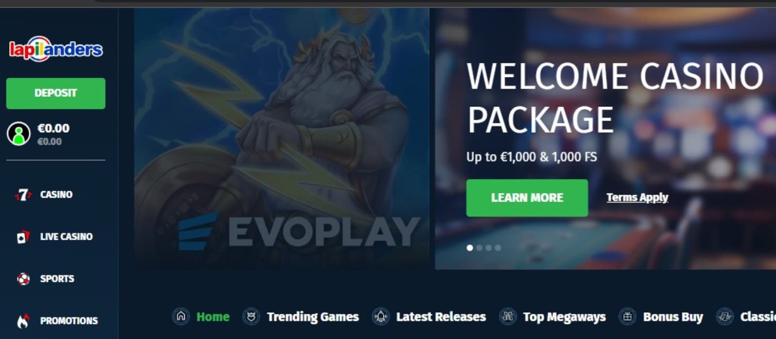 The landing page of Lapilanders Casino shows the welcome package of up to 1000 euros and 1000 free spins.