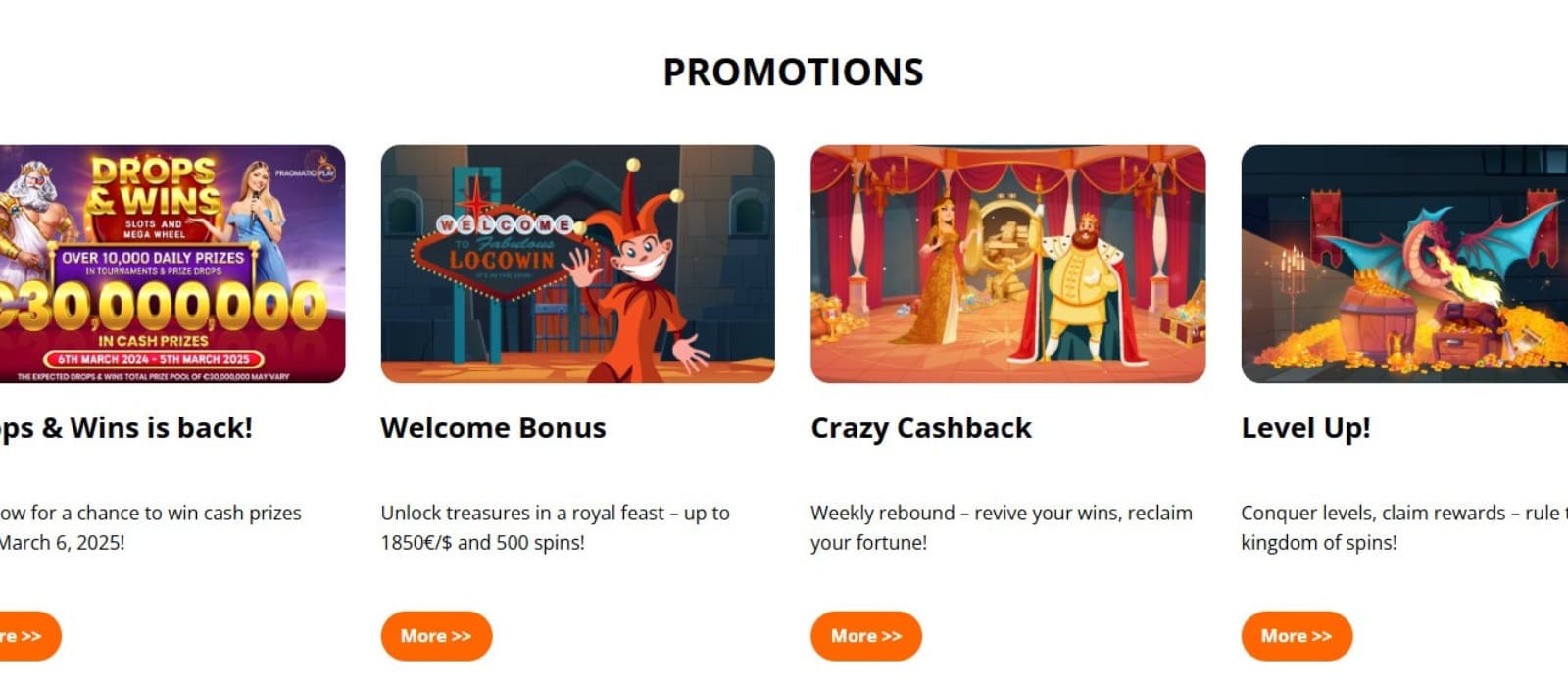 The promotions section of LocoWin casino displays the bonuses the casino offers, such as The welcome bonus, Crazy Cashback, and more. 