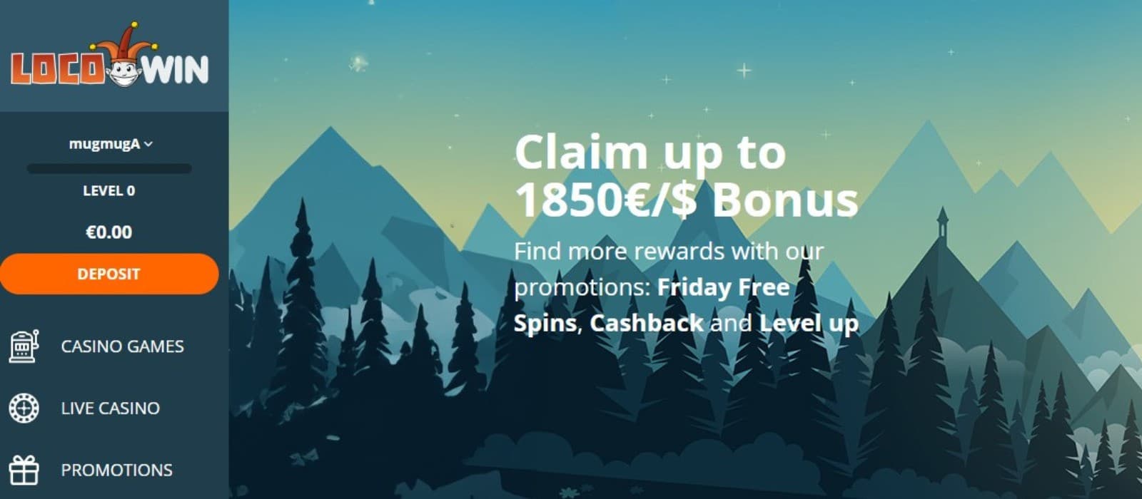 The landing page of LocoWin casino showcases the welcome bonus of up to 1850 euros on a background with a mountainous view.