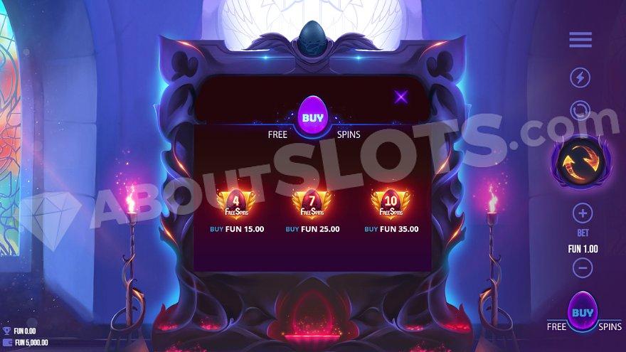 A menu selling 4, 7, and 10 free spins for 15X, 25X, and 35X the bet.