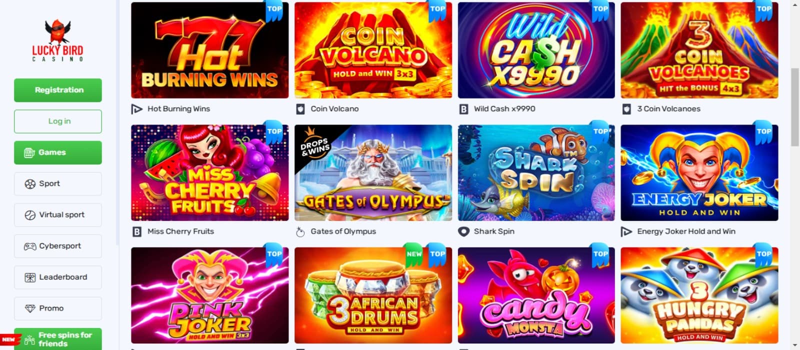 LuckyBird casino games page with the colorful icons of various slot games and side navigational panel