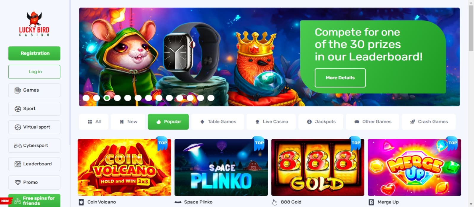 Luckybird casino landing page showing the tournament banner with various slot game icons and side navigational panel