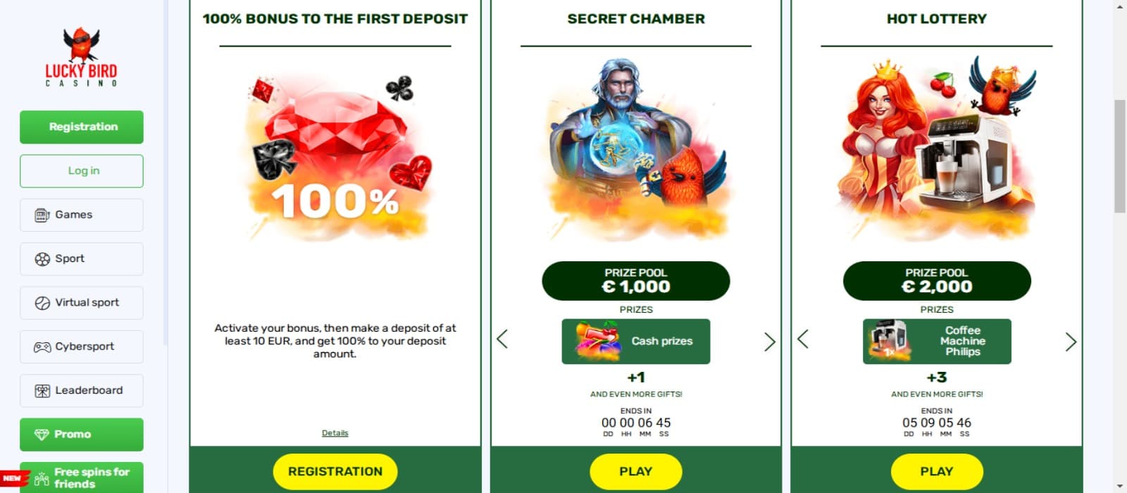 Luckybird Casino promotions page showing the welcome bonus banner and other promotions banners with side navigational panel and casino logo for bird