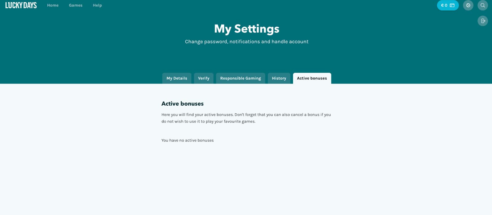 Lucky Days Casino settings page showing no active bonuses under the "Active Bonuses" tab.