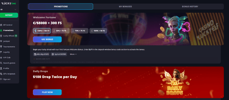 LuckyElf Casino’s promotions page showcases bonuses the casino offers, including the welcome fortune and daily drops on flashy backgrounds next to the female elf characters.