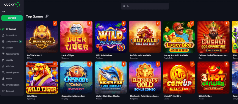 LuckyElf Casino's ElfCentral showcases a range of popular slot games such as Luck of Tiger, Wild Tiger, Lucky Bro Hold&Win, and more.