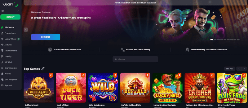  A banner displays a 100% deposit match bonus of up to €2000 and 300 free spins on a dark background next to the elf characters.