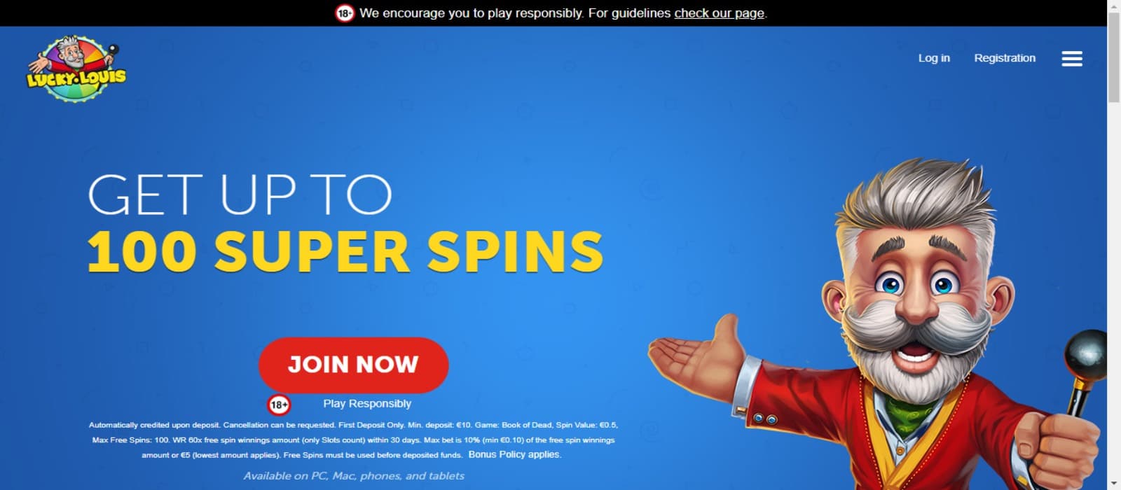 LuckyLouis Casino landing page with the welcome bonus offer and the cheerful mascot of the casino with a blue background