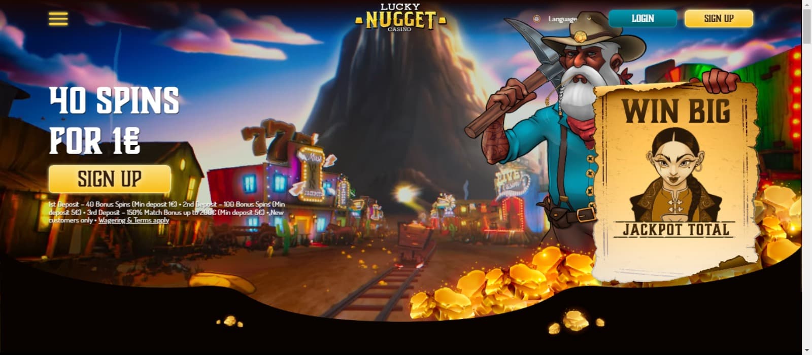 Lucky Nugget casino landing page with animated and dynamic goldmine town banner and the image of Dan Digger with the welcome bonus written on the banner