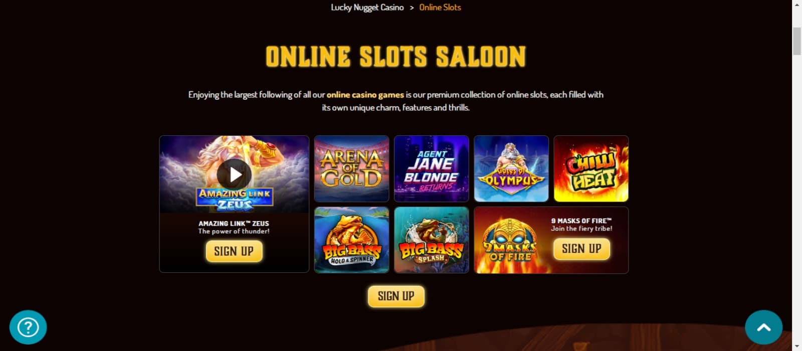 Lucky Nugget casino games page showing the coloful icons of various slot games with a black background