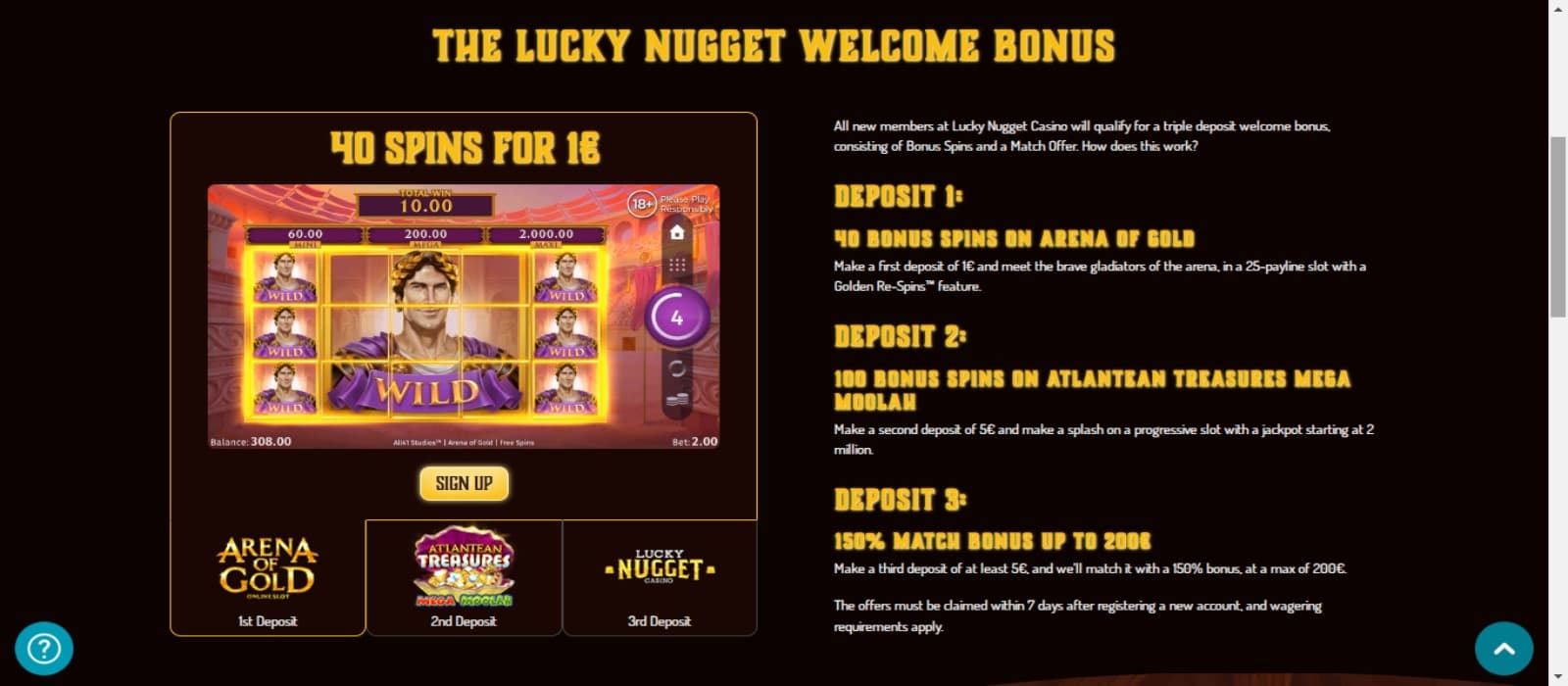 Lucky Bugget casino promotions page with the welcome bonus banner and descriptions of the three welcome bonuses