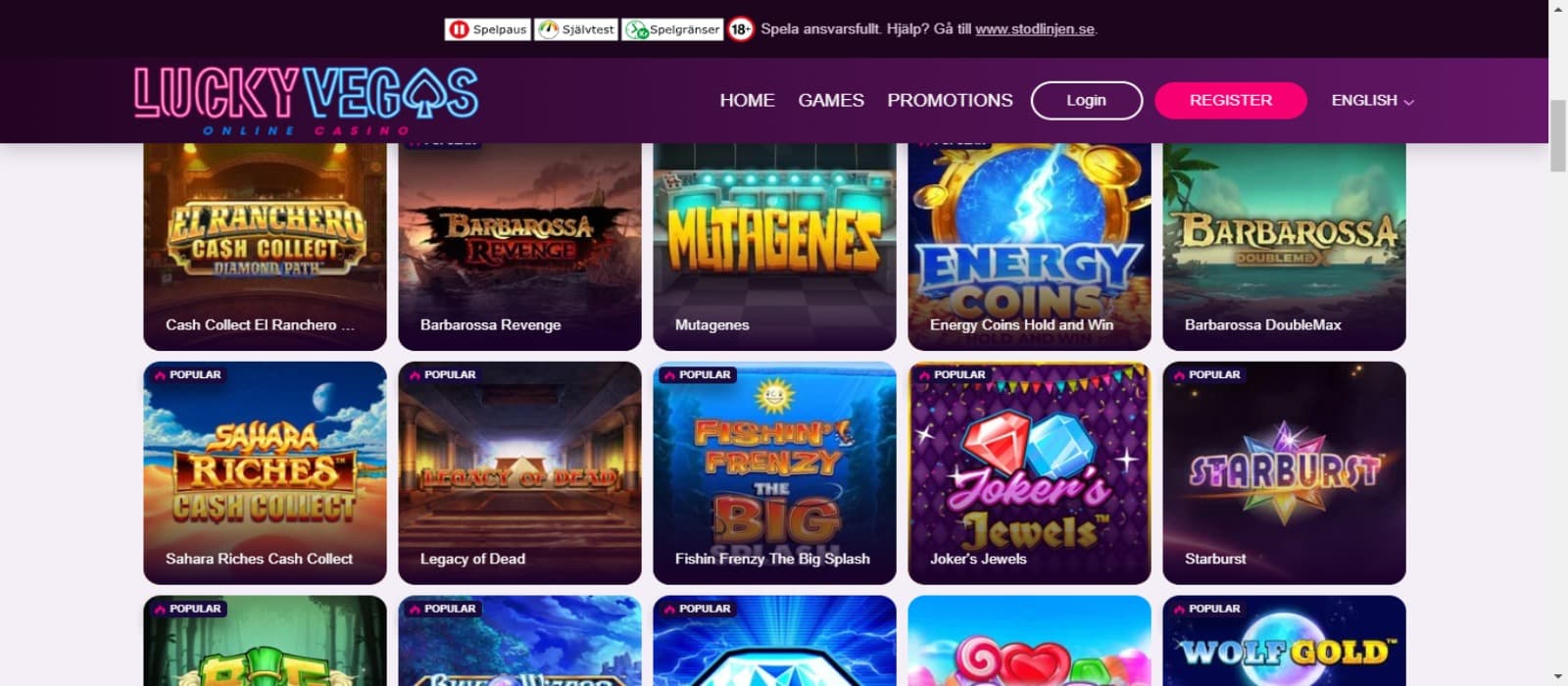 LuckyVegas Casino games page with the various colorful icons of slot games and top navigational menus