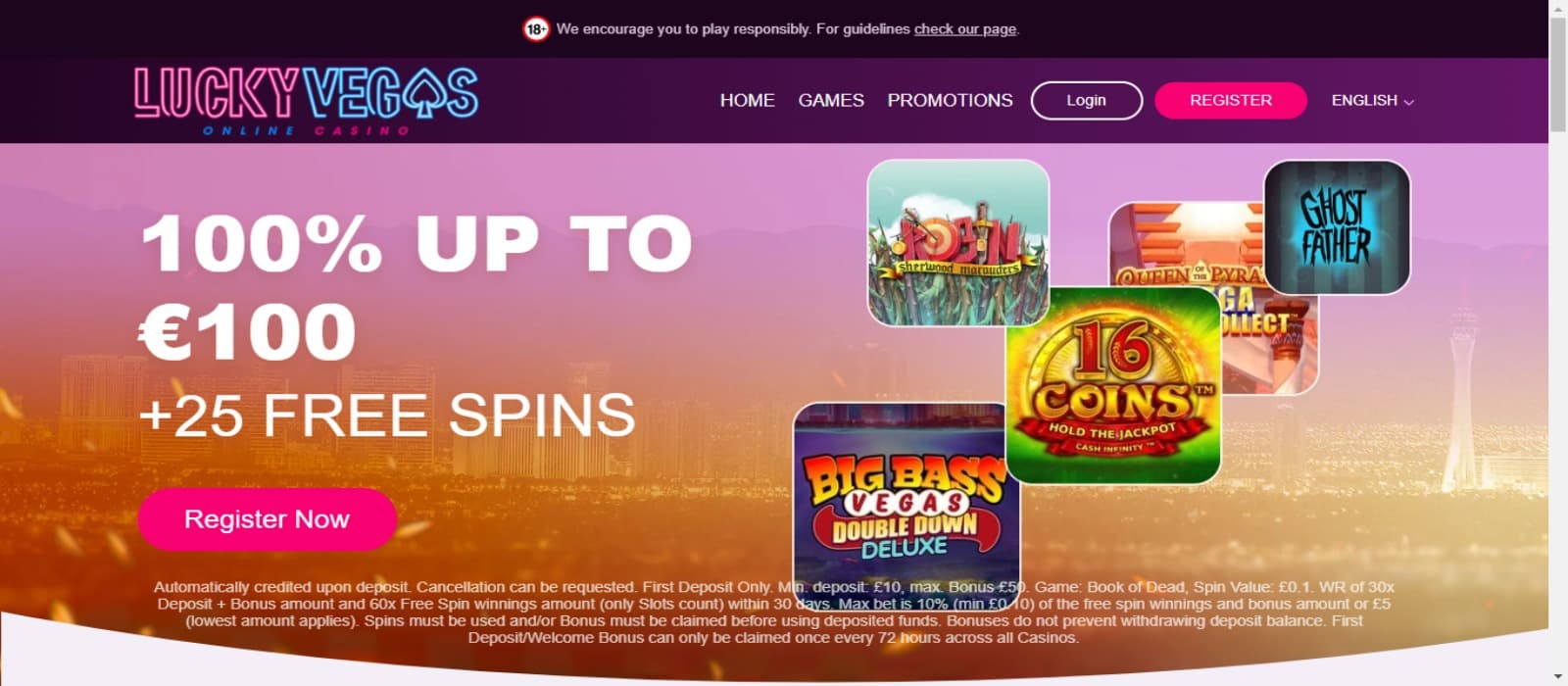 LuckyVegas casino landing page with the welcome bonus offer banner and top navigational menus