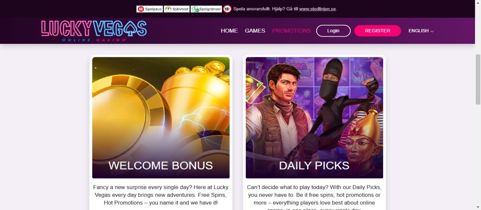 LuckyVegas casino promotions page with the welcome bonus banner and daily picks promotion banner