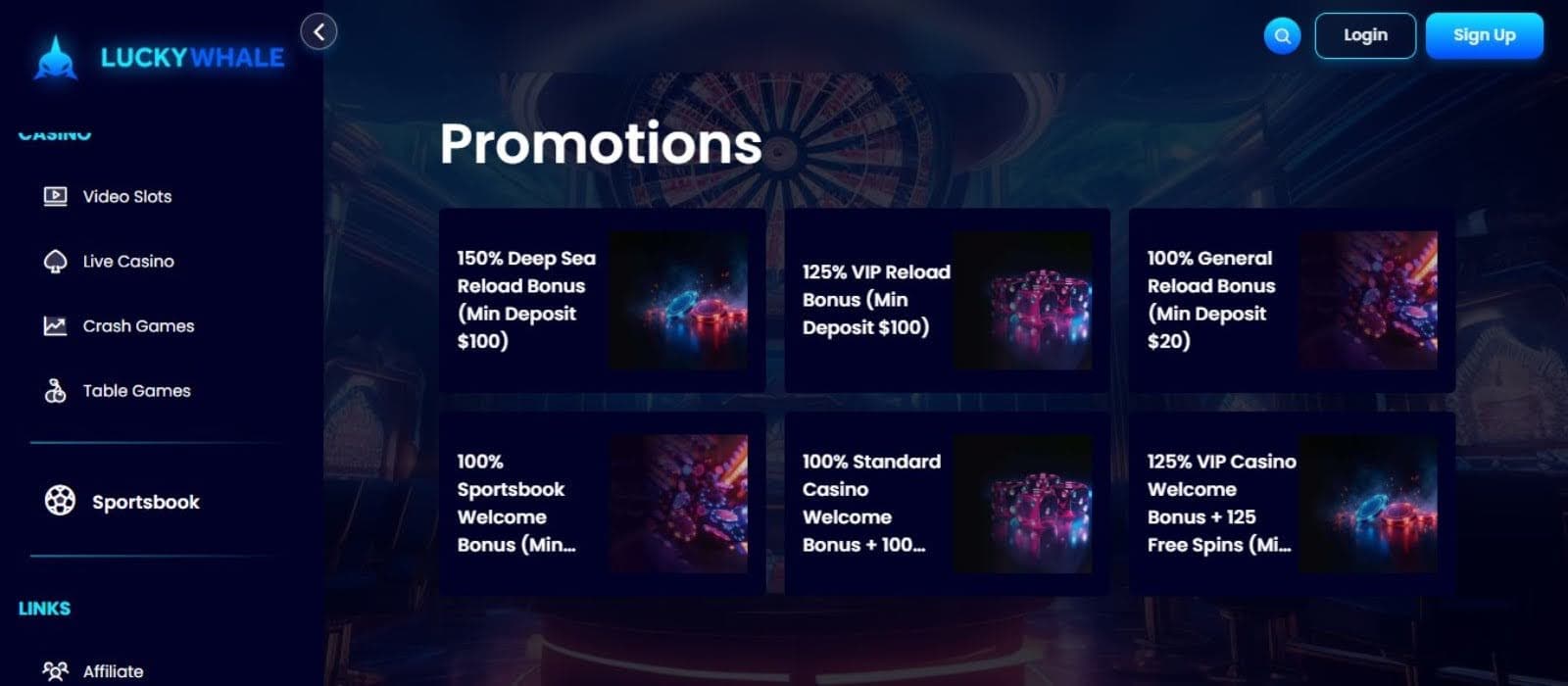 Lucky Whale Casino's promotions page, showing all the welcome bonuses and other reload offers.