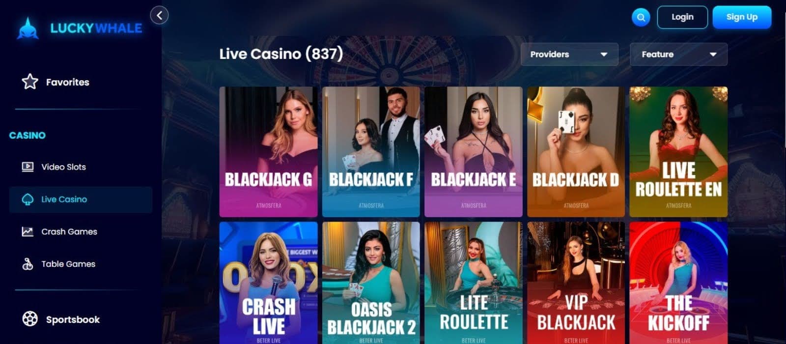 Lucky Whale Casino's live games section, showing variations of blackjack and roulette.