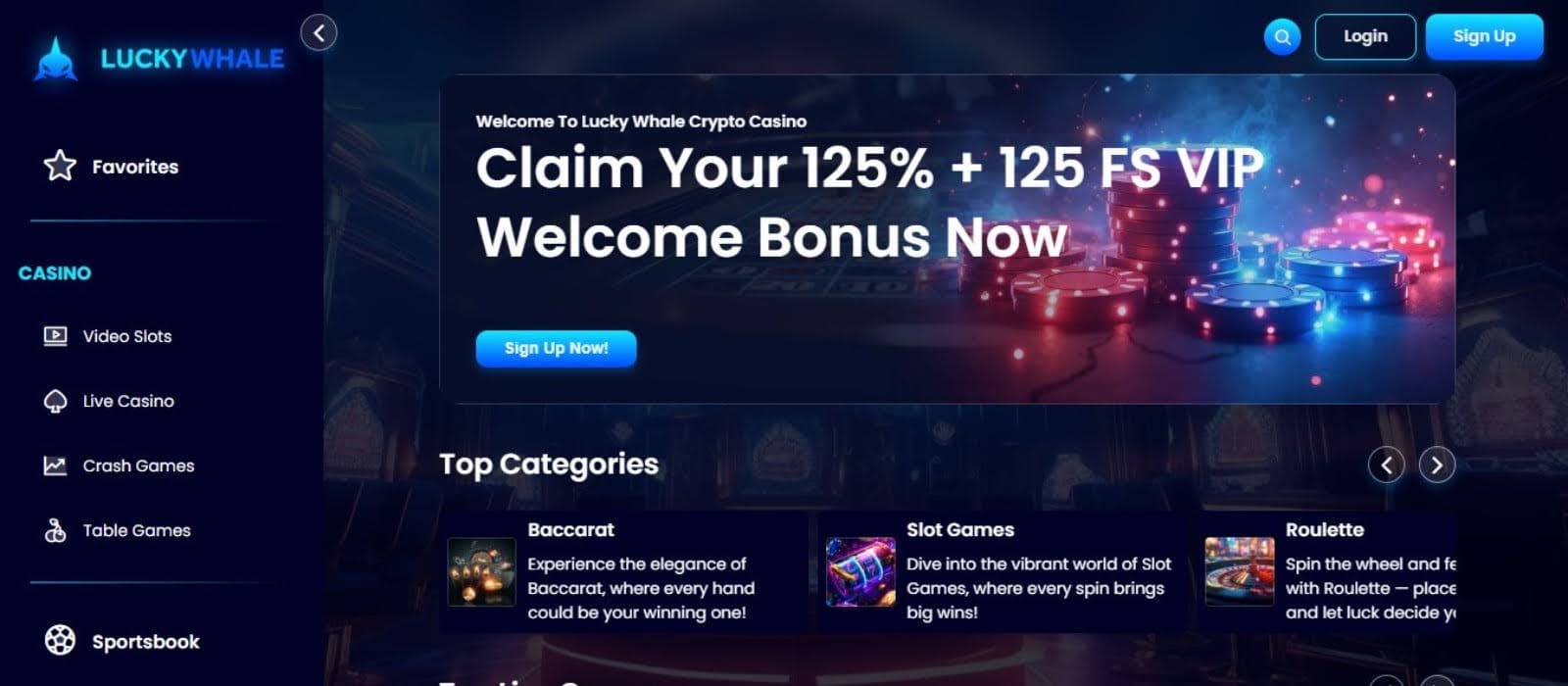 Lucky Whale Casino's homepage, showing the VIP welcome bonus and sidebar menu.