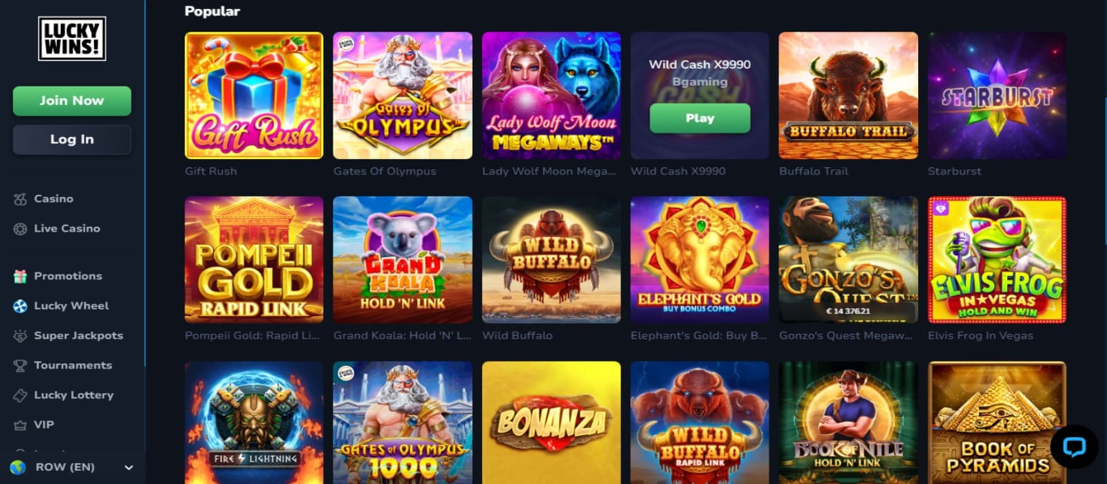 Luckywins casino games page with the colorful animated slot game icons and side navigational panel